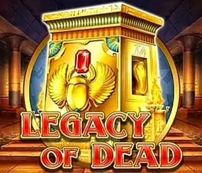Tumba egipcia dorada con una gema roja grande y motivo de escarabajo, ambientada en un templo antiguo con detalles brillantes. Texto en negrita Legacy Of Dead superpuesto.