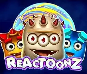 Reactoonz: Tres monstruos de dibujos animados coloridos con múltiples ojos y expresiones felices frente a una galaxia giratoria. El texto Reactoonz aparece debajo.
