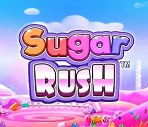 Sugar Rush: Colorido logo de Sugar Rush en un paisaje temático de dulces con remolinos rosados, golosinas azucaradas y un cielo azul, evocando un ambiente lúdico y caprichoso.