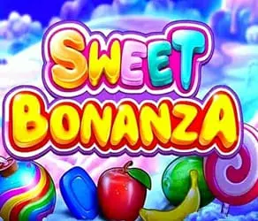 Sweet Bonanza: Brillante y colorido logo de Sweet Bonanza con elementos temáticos de dulces. El fondo presenta un cielo caprichoso y soñador con nubes de caramelo, evocando un ambiente alegre y juguetón.