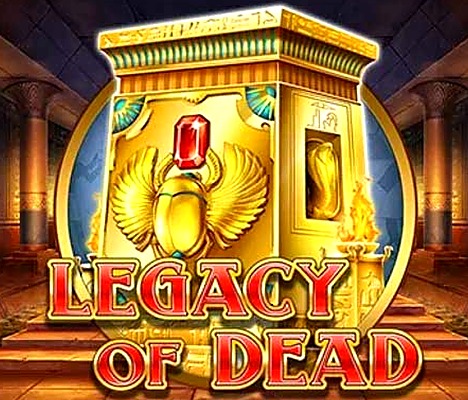 Tumba egipcia dorada con una gema roja grande y motivo de escarabajo, ambientada en un templo antiguo con detalles brillantes. Texto en negrita Legacy Of Dead superpuesto.