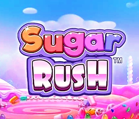Sugar Rush: Colorido logo de Sugar Rush en un paisaje temático de dulces con remolinos rosados, golosinas azucaradas y un cielo azul, evocando un ambiente lúdico y caprichoso.