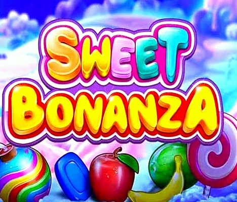 Sweet Bonanza: Brillante y colorido logo de Sweet Bonanza con elementos temáticos de dulces. El fondo presenta un cielo caprichoso y soñador con nubes de caramelo, evocando un ambiente alegre y juguetón.