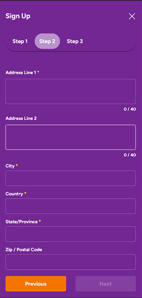 SpinSamba registration step 2 - address information